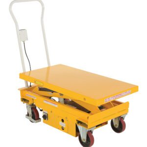 The Vestil Combo Hydraulic Elevating Cart 2K 20X40 has a yellow lift table with a handle and four wheels. Its flat tabletop is supported by a sturdy scissor lift, ensuring stable elevation. The red and gray wheels provide smooth mobility.