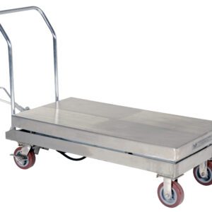 The Vestil Partially Ss Elevating Cart 2K 24 X 47 includes a stainless steel platform trolley with a flat surface and four red swiveling casters. It features a tall, curved handle and foot lever for easy transport of heavy loads.