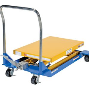 The Vestil Foot Pump Scissor Cart 1K 36 X 24 features a blue hydraulic lift table, yellow platform, steel handle, and four black caster wheels for easy mobility. Its foot pedal lifts heavy items efficiently, making it perfect for transporting goods with its 1K capacity and 36 x 24-inch size.