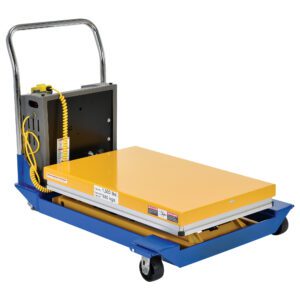 The Vestil DC Powered Scissor Cart 1.5K 36x24 in blue and yellow features a platform, four wheels, a handlebar for maneuvering, and a coiled yellow cord control mechanism for precision handling.