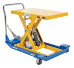 The Vestil Foot Pump Scissor Cart 1.5K 36 X 24, in vibrant yellow and blue, has a metal handle and caster wheels on a 36 x 24 platform. It features a lever for manual lifting and can handle up to 1,500 pounds (680 kg) effortlessly.