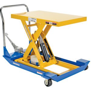 The Vestil Foot Pump Scissor Cart 1.5K 36 X 24, in vibrant yellow and blue, has a metal handle and caster wheels on a 36 x 24 platform. It features a lever for manual lifting and can handle up to 1,500 pounds (680 kg) effortlessly.