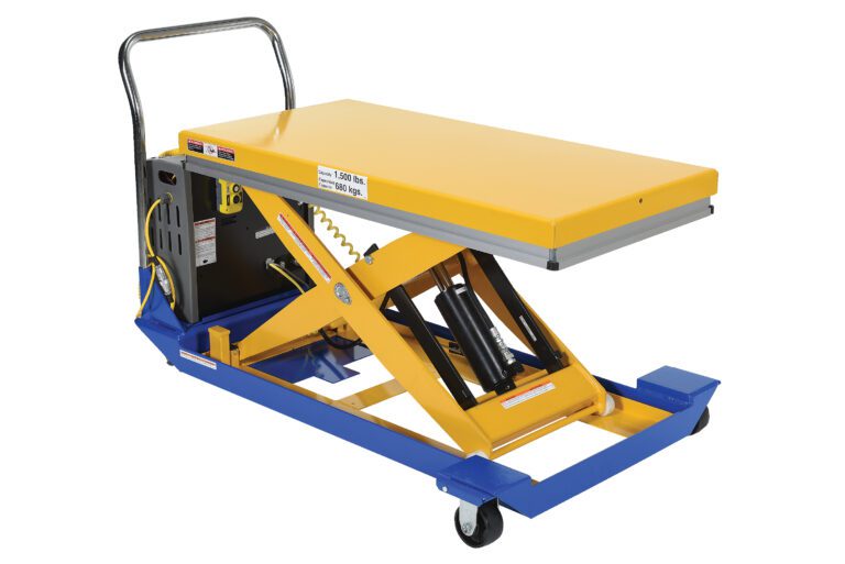The Vestil Dc Powered Scissor Cart 1.5K 48 X 24 features a yellow platform and blue frame on wheels. Equipped with a hydraulic lift and handle, it is an efficient industrial tool for easy maneuvering.