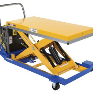 The Vestil Dc Powered Scissor Cart 1.5K 48 X 24 features a yellow platform and blue frame on wheels. Equipped with a hydraulic lift and handle, it is an efficient industrial tool for easy maneuvering.