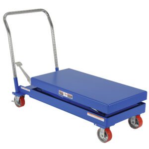 The Vestil Hydraulic Elevating Cart 20X40 features a robust design with a foot pump, blue frame, metal handle, and red caster wheels, effortlessly lifting and moving up to 2500 lbs.