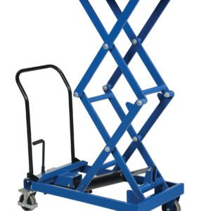 The Vestil Premium Double Scissor Cart 300 19.5X33 includes a blue rectangular platform with collapsible legs. It features four wheels, a black handle, and its robust mechanical structure elevates to full height. Platform dimensions are 19.5x33 inches.