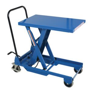 The Vestil Premium Single Scissor Cart 300Lb 18x30 is a blue hydraulic lift table with a handle and four wheels for easy maneuverability. Its scissor lift mechanism allows simple height adjustments, making it suitable for versatile tasks.