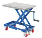 The Vestil Mech Scissors Cart with a blue hydraulic lift, silver platform, and red swivel casters features a black hand crank for height adjustment. Ideal for 18x28 items up to 330 lbs, it ensures effortless movement of heavy loads.