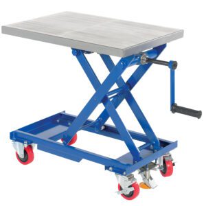The Vestil Mech Scissors Cart with a blue hydraulic lift, silver platform, and red swivel casters features a black hand crank for height adjustment. Ideal for 18x28 items up to 330 lbs, it ensures effortless movement of heavy loads.