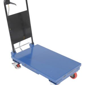 The Vestil Hydraulic Elevating Cart 330 Lb Capacity has a blue platform truck design, a safety lock on the black handle, and red wheels for stability. Its solid base offers reliable support for transporting heavy items.
