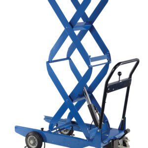 The Vestil Double Scissor Cart 400Lb 23.6 X 35.4 features a blue hydraulic lift, flat platform (23.6 x 35.4 inches), black handlebars, and a sturdy metal frame, designed for compact transport of up to 400 lbs of heavy items.
