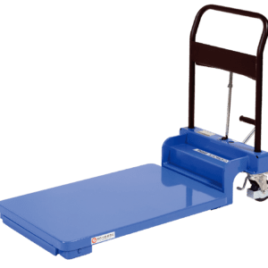 A platform hand truck with a foldable black handle and four wheels, ideal for heavy items, has a flat blue platform perfect for boxes. Pair it with the Vestil Low Profile Hydraulic Scissor Cart 400# Cap for versatile lifting solutions.