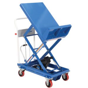 The Vestil Lift & Tilt Cart W/Sequence Select 400Lb features a blue scissor lift table with a tilting platform, four red casters, and a white handle, designed for efficiently lifting and transporting heavy loads.