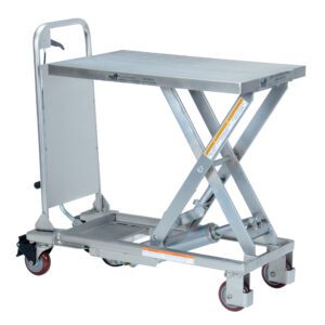 The Vestil Partially SS Cart 400Lb 17.5 x 27.5 features a silver hydraulic scissor lift table, four red wheels for easy movement, and a sturdy surface with a convenient handle for effortless transportation in any neutral setting.