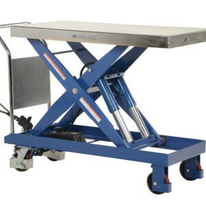 The Vestil Single Hydraulic Scissor Cart 4K 47 X 24 boasts a blue design, flat metal surface, scissor lift mechanism, and four wheels. It features a handlebar for easy handling and visible hydraulics for effortless height adjustment of the 47 x 24 table.