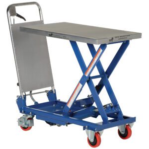 The Vestil Hydraulic Scissor Cart 400Lb 27.5X17.5 is a sturdy lift table with a silver platform and X-shaped support, perfect for elevating heavy items. It features four red wheels, a durable handle for enhanced mobility, and can handle up to 400 lbs.