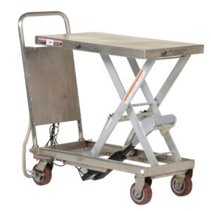 The Vestil Partially Ss Cart 500Lb 19.5 X 32 is a sturdy stainless steel lift table featuring a scissor mechanism, four swivel casters, a handle, and safety labels. Its platform is elevated above the base for efficient handling.
