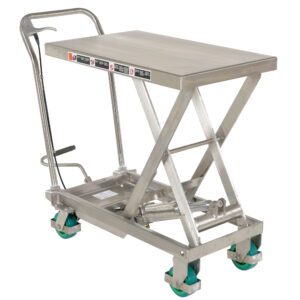 The Vestil Cart Scissor 500Lb Capacity Stainless Steel features a hydraulic lift table with a handle and four green wheels. It includes safety warning labels, making it ideal for lifting and transporting heavy items.