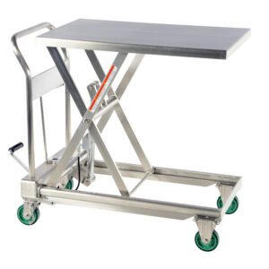 The Vestil SS Hydraulic Cart 550lb 31.5x19.5 features a sturdy stainless steel lift table with a flat rectangular top, an adjustable scissor mechanism, and four green caster wheels, supporting up to 550 lb. It includes a handle and foot pedal for easy maneuverability on the job.