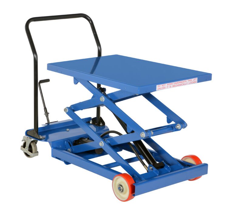 CART-600-D-FR_A.jpg The Vestil Premium Double Cart 600Lb 33X23.25 scissor lift table features a flat rectangular platform with a black handle and red wheels. It supports up to 600 lbs using a hydraulic mechanism for easy lifting and lowering on its durable metal frame.
