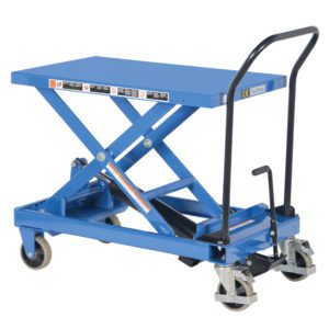 The Vestil HD Premium Scissor Cart 600lb (19 x 33) is a blue hydraulic lift table with a flat platform and X-shaped lift mechanism, featuring four wheels, a black handle, and a foot pedal for easy control.