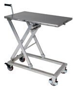 The Vestil Partial SS Mechanical Cart 660lb 37x23.5 is a silver scissor lift with a flat platform and handle, supported by a sturdy frame. It has four wheels, two with brakes, for moving and lifting heavy items up to 660 lbs effortlessly.
