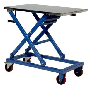 The Vestil Mechanical Scissor Cart 660Lb 37 x 23.5 features a silver top, blue hydraulic lift table, and four red casters. It is designed for moving heavy items with its scissor lift mechanism and handle for easy maneuverability.