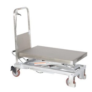 The Vestil Partial Ss Elevating Cart 750Lb 32.5X19.75 boasts a stainless steel body, flat rectangular platform, sturdy handlebar, and four wheels. Designed for heavy-duty tasks, its hydraulic lift supports up to 750 lbs with dimensions of 32.5 x 19.75 inches.