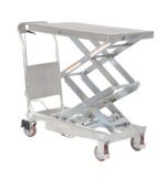 The Vestil Partial Ss Elevating Cart 800Lb 35.5X20 features a silver hydraulic scissor lift table with an 800 lb capacity, measuring 35.5x20 inches. It includes a flat platform, caster wheels, a maneuvering handle, and a foot pedal for lifting, designed for heavy-duty tasks and optimal mobility.