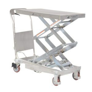 The Vestil Partial Ss Elevating Cart 800Lb 35.5X20 features a silver hydraulic scissor lift table with an 800 lb capacity, measuring 35.5x20 inches. It includes a flat platform, caster wheels, a maneuvering handle, and a foot pedal for lifting, designed for heavy-duty tasks and optimal mobility.