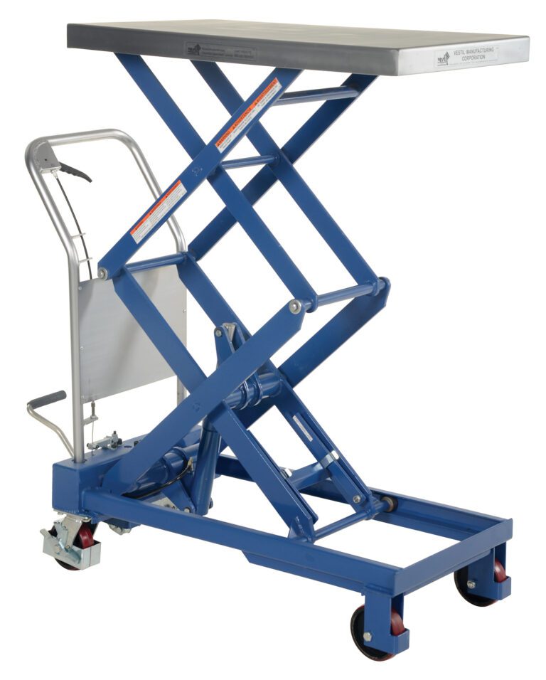 The Vestil Double Hydraulic Cart 800Lb 35.5 X 20 is a blue scissor lift table with an 800 lb capacity, featuring a sturdy rectangular platform supported by a hydraulic mechanism, wheels, and a metal handle for efficient lifting and moving of heavy objects.