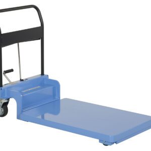 The Vestil Low Profile Hydraulic Scissor Cart features a blue platform with a sleek black handle and four-wheel design. Its flat loading surface and robust metal structure make it perfect for easy heavy item transport.
