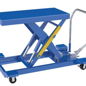 The Vestil Cart Scissor Low Profile Foot Pump 20X40 2000# offers a blue hydraulic table with a rectangular platform, four caster wheels, a metal steering handle, an operational lever, a foot pump, and a yellow safety latch. It supports up to 2000 pounds.