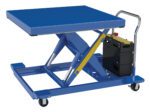The Vestil Cart Scissor Low Profile 42X42 DC 2000# features a sturdy blue metal frame with a low-profile platform, supports up to 2000 pounds, glides on caster wheels, has a DC control box, and includes a yellow safety bar and metal handle for easy maneuverability.