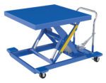 The Vestil Cart Scissor Low Profile Foot Pump 42x42 can easily handle up to 2000 pounds, featuring a robust design with a blue platform, a hydraulic system, yellow lever, silver handle, and wheels for easy mobility.