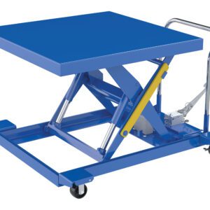 The Vestil Cart Scissor Low Profile Foot Pump 42x42 can easily handle up to 2000 pounds, featuring a robust design with a blue platform, a hydraulic system, yellow lever, silver handle, and wheels for easy mobility.