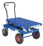 The Vestil Pneumatic Tire Hydraulic Cart can transport up to 1500 lbs effortlessly with its sturdy design, featuring a blue flatbed platform, red wheel centers, and a black handle.