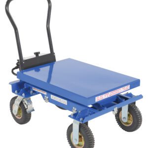 The Vestil Pneumatic Tire Hydraulic Cart, in blue, features a black handle and four durable rubber wheels for transporting up to 400 lbs. Its pneumatic tires boost durability, and warning labels promote safe use.