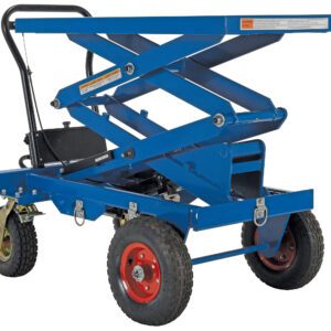 The Vestil Pneumatic Tire Cart Double Scissor 600Lb is a blue hydraulic lift cart with four wheels and a sturdy black handle, featuring a red wheel and pivoting green wheel for easy maneuverability, making it ideal for diverse lifting tasks.