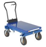 The Vestil Pneumatic Tire Hydraulic Cart 600 Lbs is a durable blue cart with four large rubber wheels and a black handle, designed for easy heavy item transport up to 600 lbs with its sturdy metal frame.