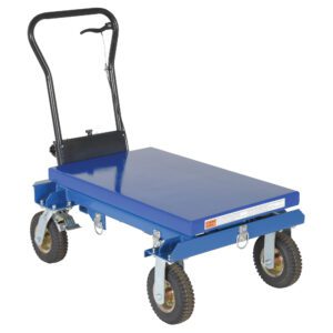The Vestil Pneumatic Tire Hydraulic Cart 600 Lbs is a durable blue cart with four large rubber wheels and a black handle, designed for easy heavy item transport up to 600 lbs with its sturdy metal frame.