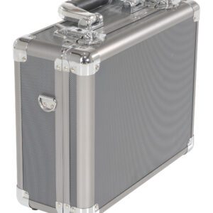 The Vestil Aluminum Carrying Case 13 x 11.5 x 5 showcases a sleek rectangular design with a textured silver finish and reinforced chrome corners, complete with a sturdy top handle and secure side latches, elegantly standing against a white backdrop.