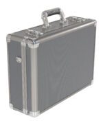 The Vestil Aluminum Carrying Case 13 X 14.5 X 6 features a sleek gray metallic look with chrome accents, secure clasps, a sturdy handle, and reinforced corners, offering a modern and professional appearance suitable for any occasion.