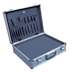 The Vestil Aluminum Carrying Case-Foam Insert 40Lb has a black interior with assorted-sized lid compartments, a spacious padded base, metallic edges, and a robust black handle for enhanced protection and organization.