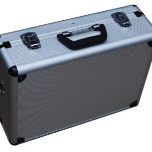 The Vestil Aluminum Carrying Case 40Lb 14 X 18 X 6 features a textured silver aluminum exterior with a black handle, reinforced corners, and metal latches on top, showcasing an angled view of the front and part of the top.