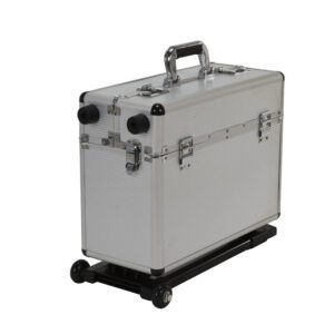 The Vestil Aluminum Frame Case W/Trolley 19X10X14 is a sleek silver suitcase with a textured finish, featuring a metal handle, reinforced corners, secure latches, and wheels. It stands upright and closed for effortless transport on your next adventure.