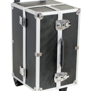 The Vestil Aluminum Frame Case-Eva Lining 16X10X11 is a sleek black and silver rectangular rolling case with a retractable top handle, two wheels, metal corner protectors, and secure front latches for durability.