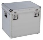The Vestil Large Aluminum Storage Case 18X24X20, in metallic silver, features reinforced corners, sturdy latches, and side handles for secure transport or storage. Its sleek industrial design provides a robust solution for your needs.