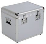 The Vestil Medium Aluminum Case 16.15X21.5X19.15 is a robust, industrial storage box with a light grey body, shiny metal edges, two front clasps, and a side handle, all bounding its rectangular form with the lid closed.
