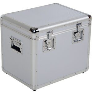 The Vestil Medium Aluminum Case 16.15X21.5X19.15 is a robust, industrial storage box with a light grey body, shiny metal edges, two front clasps, and a side handle, all bounding its rectangular form with the lid closed.